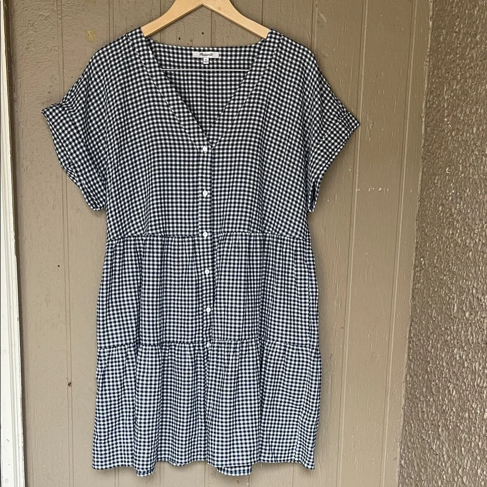Madewell Cuff-Sleeve Button-Front tiered Mini Dress in Gingham Check XL - Picture 2 of 9